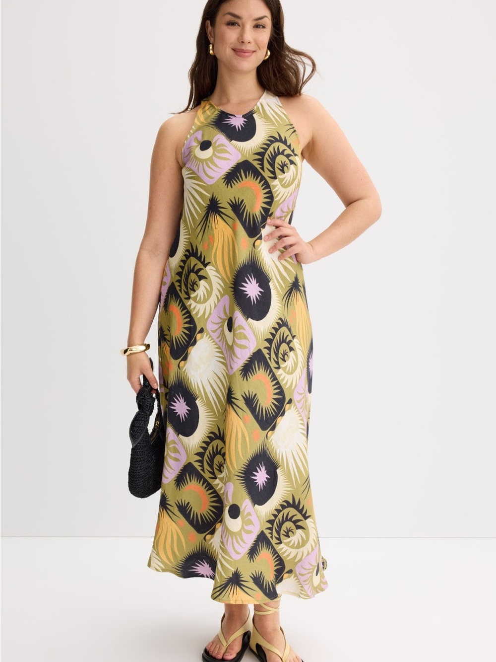 Halter Maxi Dress in Olive Abstract Print
